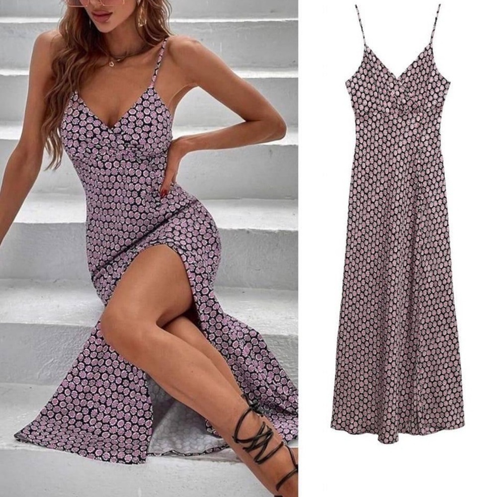Zara slip maxi dress floral geometric y2k blossom button slit detail sz sm